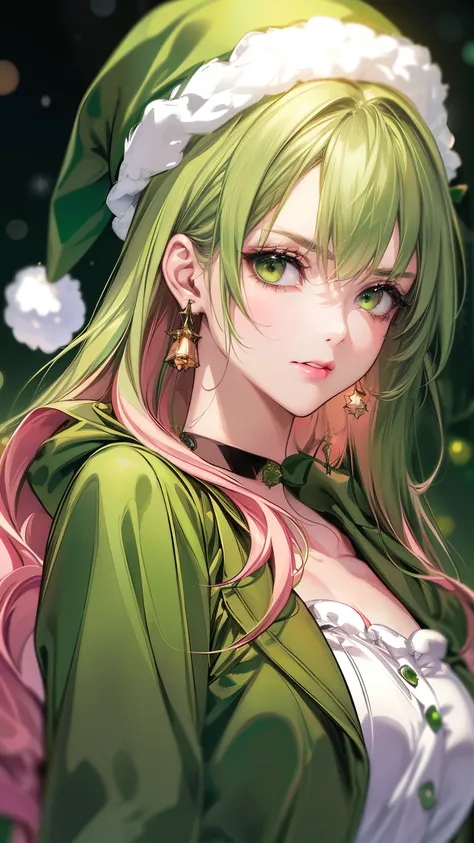 green eyes, Clear Eyes, choker, green Christmas dress、((muted Christmas background)), shining tattoos, Shine, Neon Light, Anime Style, movie portrait photos, 1 female, 22 years ago, Whole Body Ezbian, (angry expression, closed mouth), (fluffy green Hair), ...