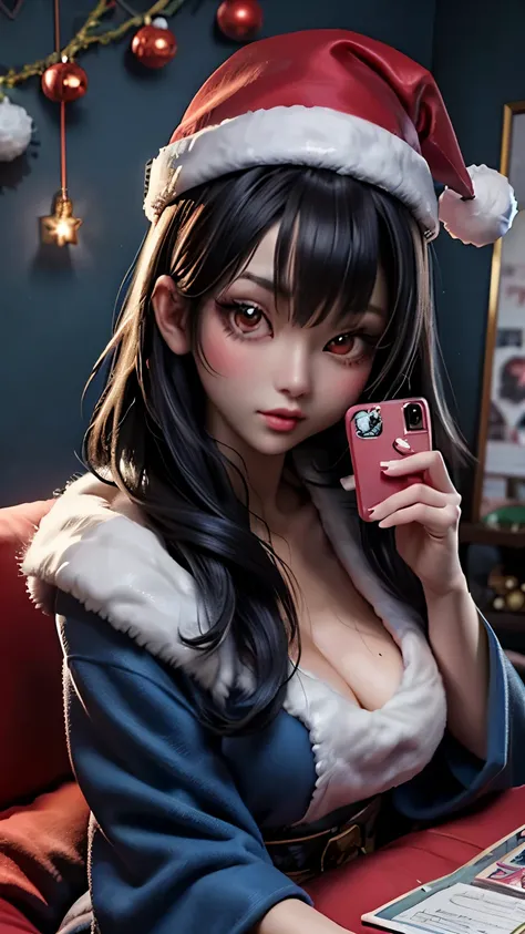 beautiful japanese influencer with Black hair, sitting and wearing a Dusty blue Velour Santa dress and santa hat with fluffy fur accents, Cluttered pastel Christmas room, close up to her eye, selfie