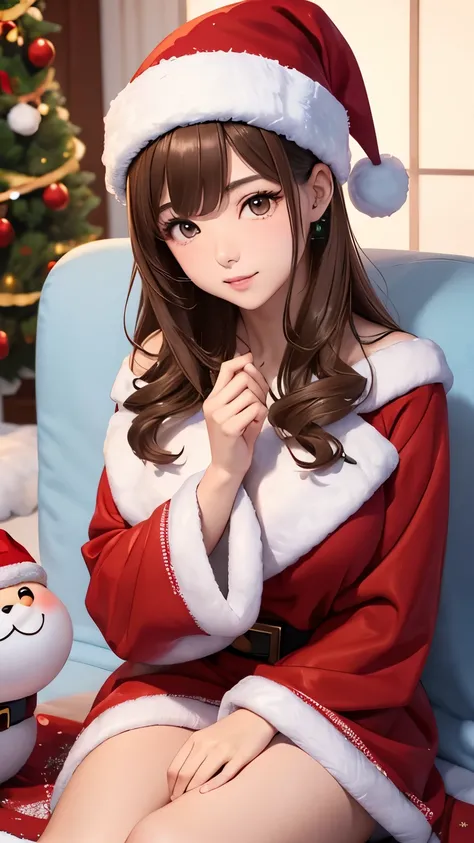 beautiful japanese influencer with light brown hair and slightly heavy makeup, sitting and wearing a Dusty blue Velour Santa dress and santa hat with fluffy fur accents, Cluttered pastel Christmas room, リアル、3D