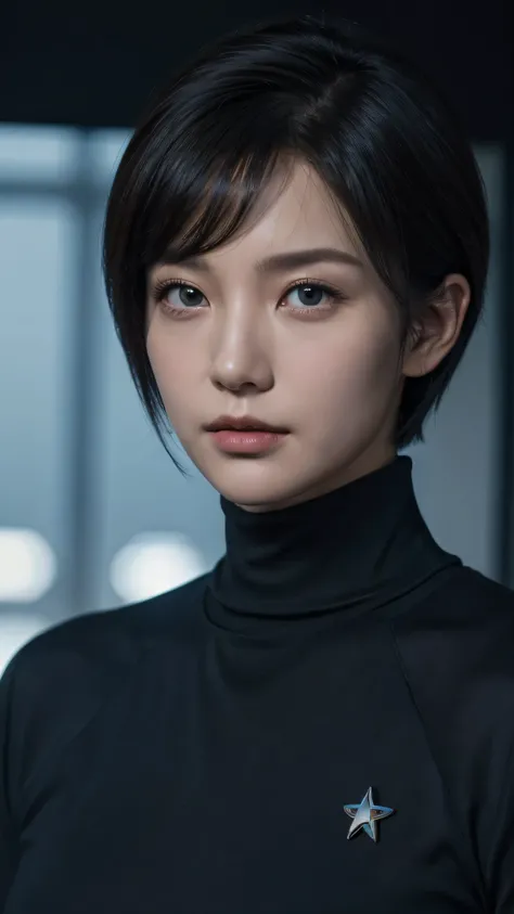 Closeup of a short-haired man in a suit 。 wearing a blue shirt and a black turtleneck t-shirt。, Eve Ryder, Star Trek, Character Portrait , Double Al Set, Details, Award-winning , super real