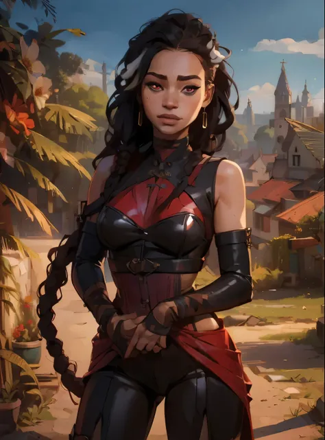young aztec girl that looks like a 18-year-old Jennifer Lawrence in medieval Spanish latex catsuit with frills, pinstripes, puffed sleeves and jabot, corset and a skater skirt, cute face, toned, mongol girl, pointy chin, big eyes, olive skin, young and bea...