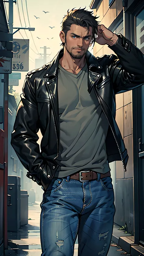 A gritty private detective in his early 40s, wearing a worn black leather jacket, simple shirt, and jeans. His face shows signs of fatigue, with a rough stubble and tired eyes that reflect years of hard work and inner conflict. He stands tall and composed,...