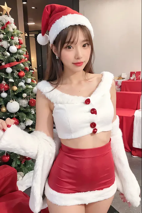 A beautiful woman wearing a red and white snowflake-patterned Christmas costume, including a Santa hat, plush material details, and a gorgeous skirt. She has a silver diamond decoration on her chest and is standing in front of Christmas decorations. This i...