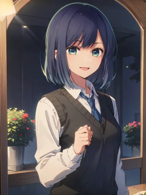  beautiful lighting arranged in an orderly manner,  1 girl, Alone, madder,  white shirt,  sweater vest,  Black Vest ,  blue tie, (( ANIME STYLE))、((2D))、smile、 open your mouth、(((medium hair)))