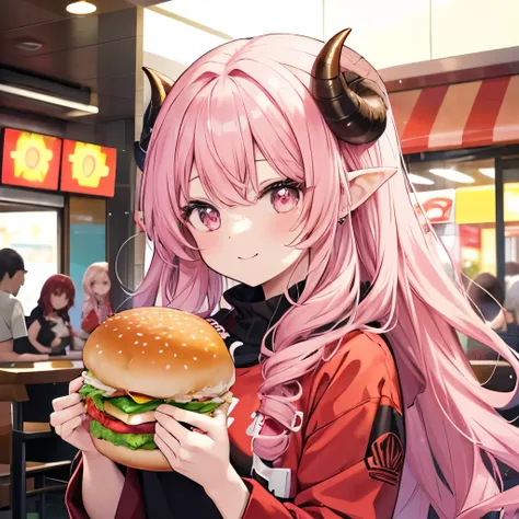 An anime-style close-up illustration of ‘Fua-chan’ enjoying a McDonald’s hamburger with a cheerful smile. Fua-chan has long pink hair styled ((in soft curls resembling sheep’s horns, ))and her pink eyes shine with delight. She is depicted holding a neatly ...