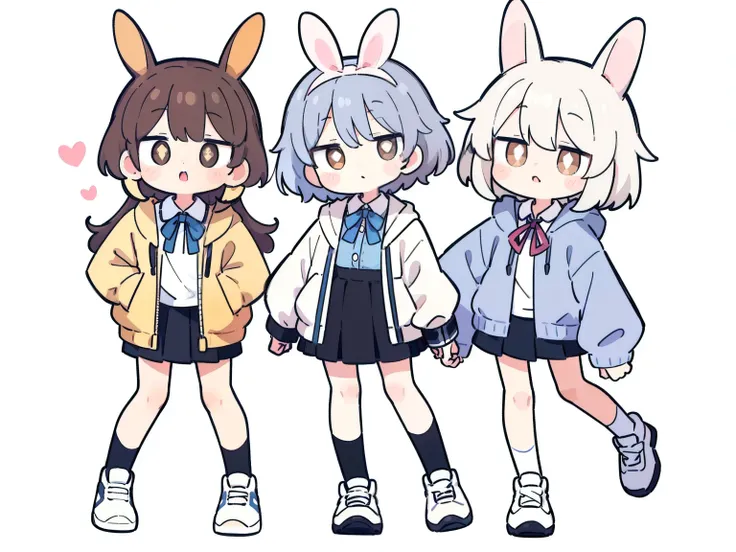 High resolution, one girl, stray hair, hairpin, ribbon, brown eyes, collared shirt, baby face pose, frilly shirt, frilly shirt collar, frilly skirt, frills, ribbon, hair accessory, hairpin, putting hands on own head, heart, rabbit hair accessory, hood, hoo...