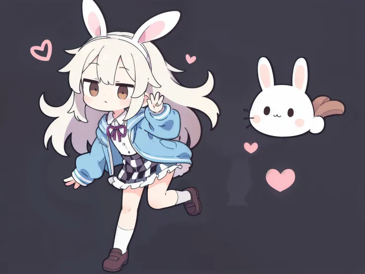 High resolution, 1 girl, stray hair, hairpin, ribbon, brown eyes, collared shirt, baby face pose, frilly shirt, frilly shirt collar, frilly skirt, frills, ribbon, hair accessory, hairpin, hands on head, heart, rabbit hair accessory, hood, hooded jacket, ja...