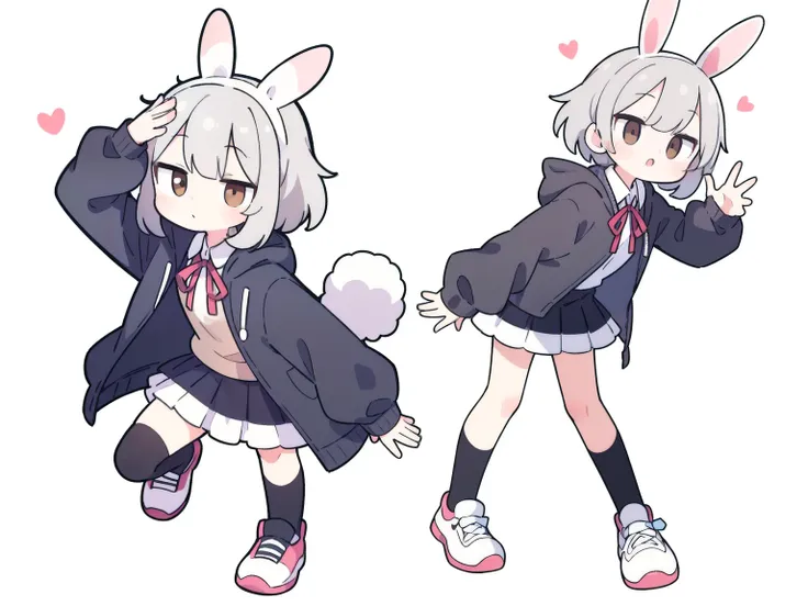 High resolution, one girl, stray hair, hairpin, ribbon, brown eyes, collared shirt, baby face pose, frilly shirt, frilly shirt collar, frilly skirt, frills, ribbon, hair accessory, hairpin, putting hands on own head, heart, rabbit hair accessory, hood, hoo...