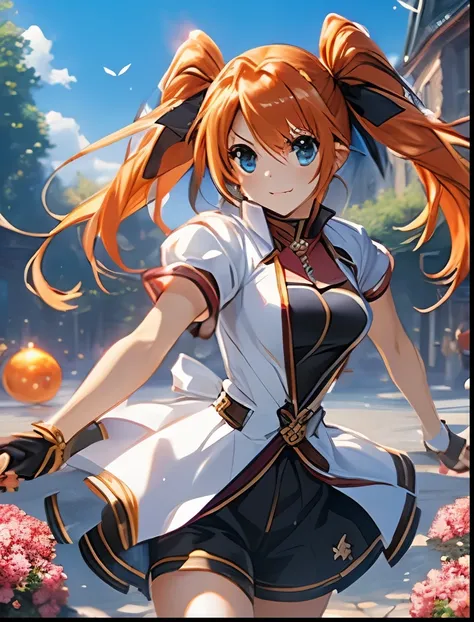 （（（ＳＦＷ、Precision、Highest quality、A first-class masterpiece、Normal body、8k、  Detailed Face 、Ultra-precision、 Normal hand、５refer to、Highest）））、"Magical Girl Lyrical Nanoh"、Tiana Lanster、Orange Hair、 twin tails、、Big Breasts、 Magical Girl 、red and black zipper...