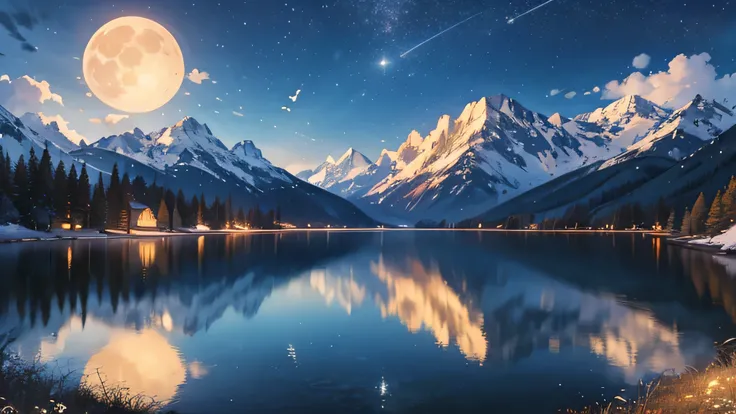  Very Starry Night .  HUGE MOON BEHIND MOUNTAIN . The quiet lake reflects the night. The setting sun is accompanied by flying cranes. Realistic Scenes,  Details,  Photorealism, 8k