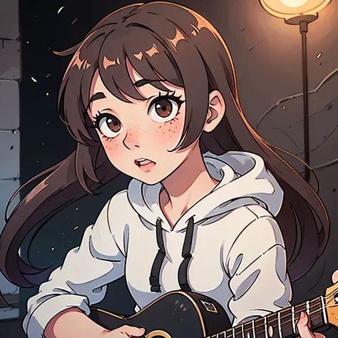 1girl, 25 years, Long Hair, brown hair, big brown eyes, looking aside, Blush, light freckles, wearing grey hoodie, slim, playing acoustic guitar