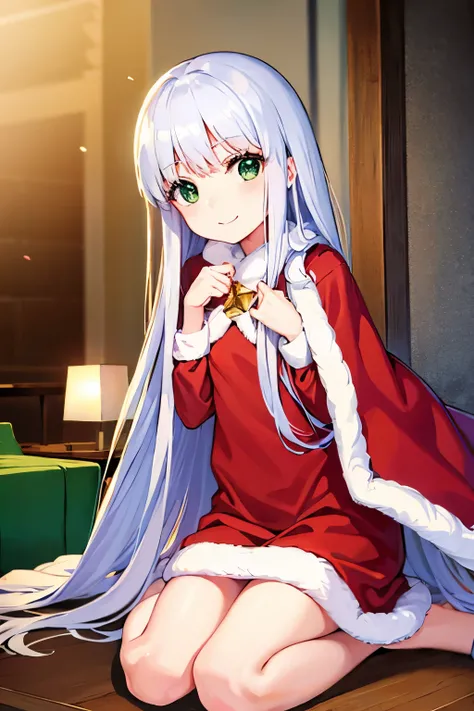 Long silver hair, green eyes, small breast, santa shawl, smile, happy, beautiful thighs, Inside the house