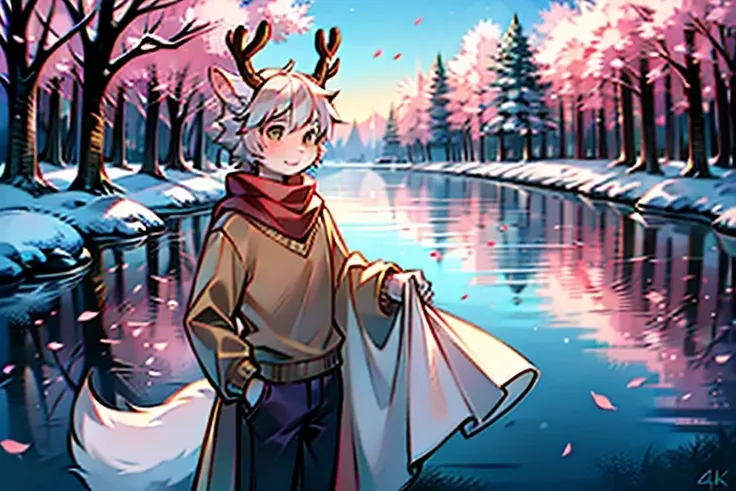  wears a white robe 、White-haired white deer with antlers  ，  wolf with dark hair and orange shirt，In the snow， falling petals，Peach Blossom Tree，Shota，Cute boy，Two people，Gorgeous background，gentle，Wear a scarf，Wear a sweater，In the woods，Standing under t...