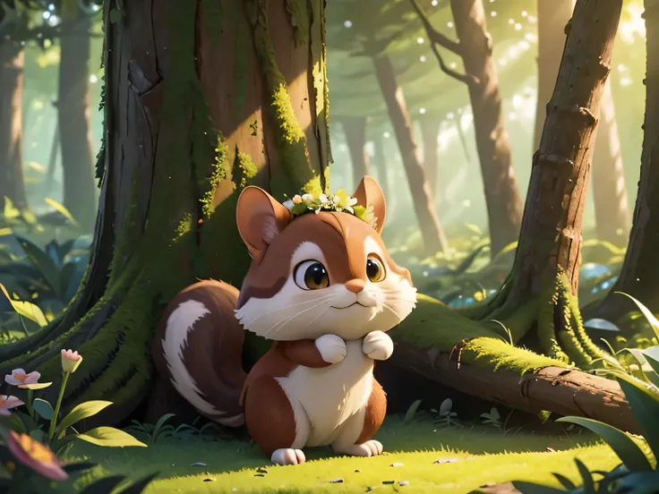 A hyper-detailed and high-quality 4K, 8K illustration of a magical forest that feels vast and enchanting. A small squirrel named Ricky is depicted in a tiny scale, standing near the forest entrance with a curious expression, his fluffy tail slightly raised...