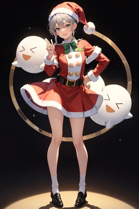 full body one girl Santa Claus costume heart pose
high ponytail  double eyelids eyeshadow
Skyblue eyes small nose
updo gray hair big smile  loafers scrunchie  bending over