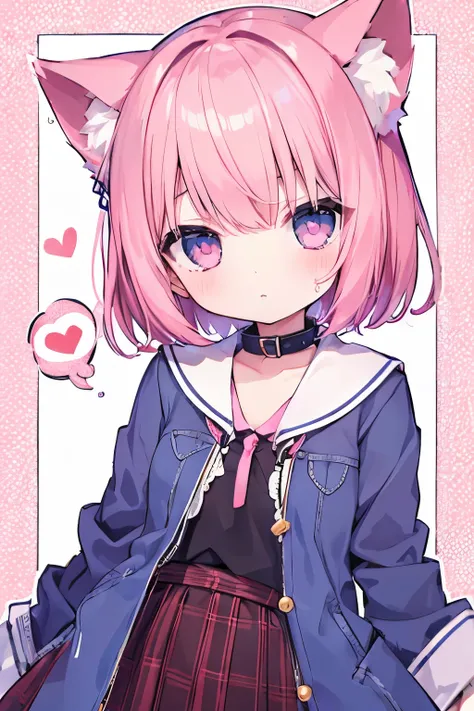    oversized jacket  、 pink hair、- Shortcut hair  、 Wearing a collar 、  elementary school girl、,首輪とリードをつけた  elementary school girl、So beautiful、輝く瞳 、輝く瞳、   1 girl、 small breasts、Cat ears   elementary school girl、So beautiful、輝く瞳 、輝く瞳、1 person、cat ears、((((...