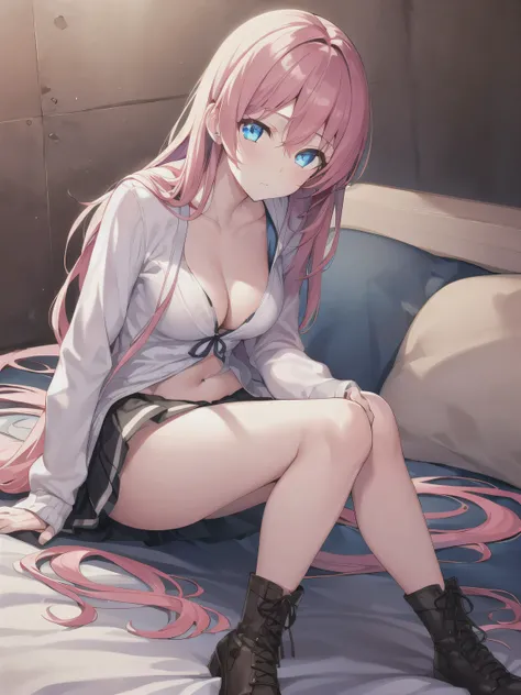  a girl ，Pink Hair, long hair, （ blue eyes:1.5), (Medium breasts:1.2), Rest special short skirt, skirt,  white shirt ， Seto Fuku,Low-cut，Cardigan， with eyes closed ，boots，Cleavage Rest，While looking at the audience,Lie down， raised nipples， Rest in the bed...