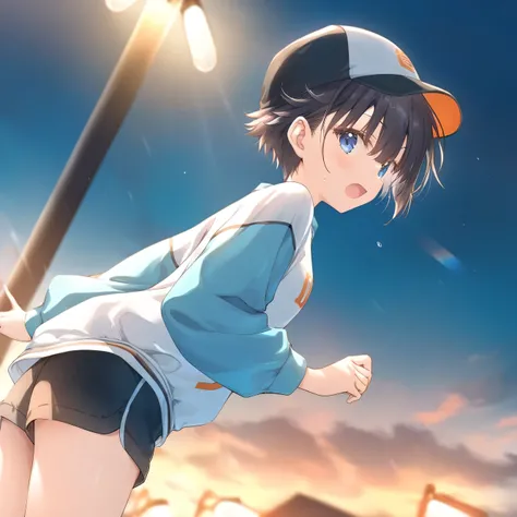 1girl, loli, tomboy, sweat, shorts,beautiful detailed eyes,open mouth,baseball_cap, outdoors, wind,  game CG, break,(artist:mitsumi_misato),artist:fujiyama,artist:kokonoka, break,(masterpiece), (best quality), (ultra-detailed),(Detailed Lighting), very aes...