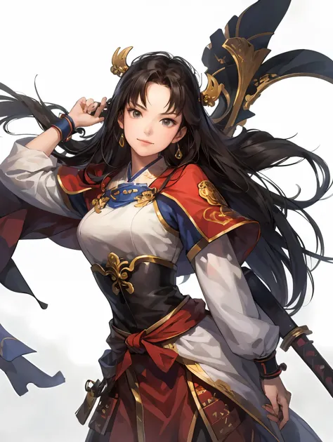 beautiful woman with dark hair :1.3, Amazing Character Art , Hanfu,(( pure white background)), ( top quality ), handsome,Beautiful female knight, 2. 5D CGI fantasy artwork, detailed digital art , Very nice work of art, fan Art Best Art Station, ( RE...