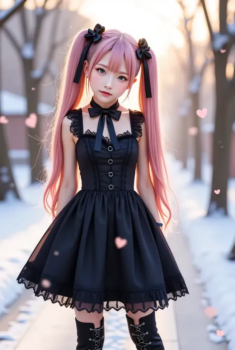 A masterpiece-level, ultra-detailed illustration rendered in UHD 16K resolution, featuring a cute anime girl with long pink twin-tail hair styled elegantly. The character is wearing a black gothic lolita dress adorned with intricate frills, lace, a big rib...