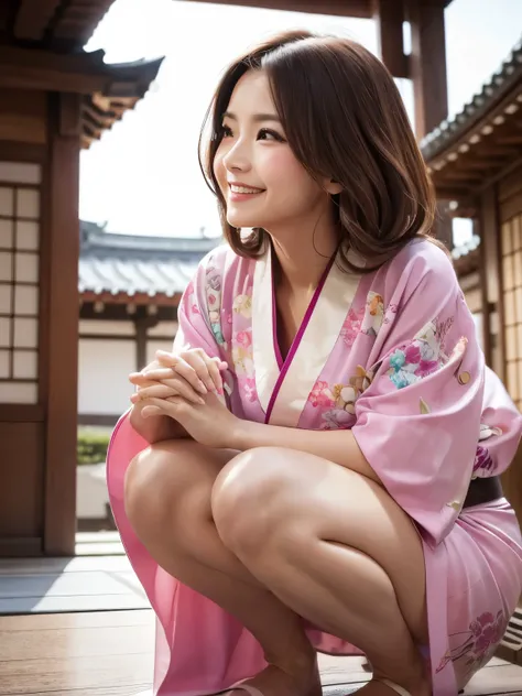 from below,(temple:1.2),(leaning forward:1.3), (hands on knees:1.3),((flolal pink kimono)),((20 years old)),((smile)),((Best Quality)),Realistic,Very detailed,In detail,High resolution,8k,Japanese elderly woman,sexy,Beautiful Skin,Beautiful Eyes,Detailed f...