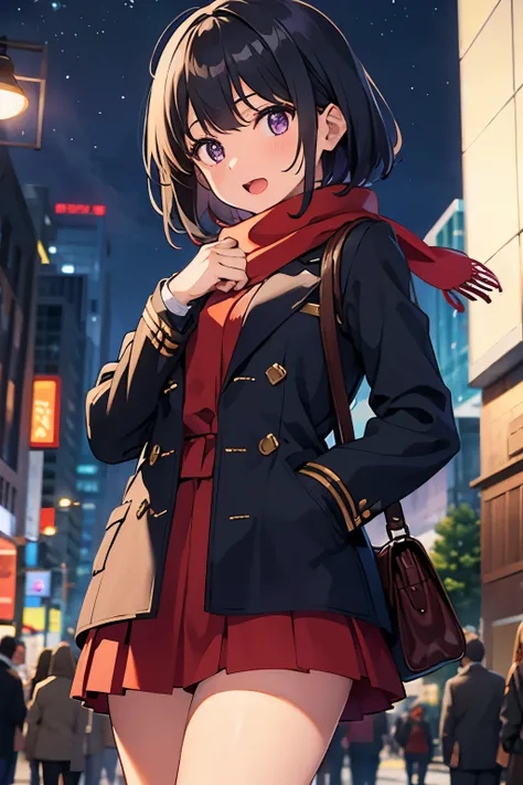  Elementary School   Flat Chest Black Hair Wavy Short Hair Purple Eyes Red Cheeks and Open Mouth（（One person）） Upper Body Red Duffle Coat 　  Blue Scarf Lower Body Black Miniskirt 　 Standing with Christmas Presents  　 upper body center downtown Christmas il...