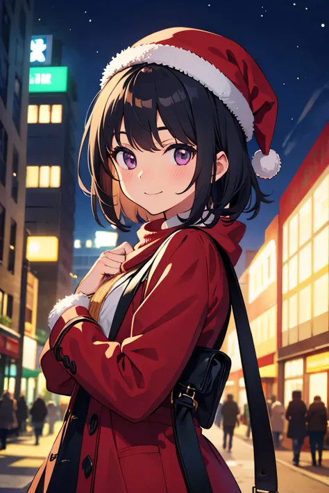  elementary school toddler, flat chest, black hair, wavy short hair, purple eyes, blushing cheeks and smiling（（One person）） Upper Body Red Duffle Coat 　  Blue Scarf Lower Body Black Miniskirt 　 Standing with Christmas Presents  　 upper body center downtown...