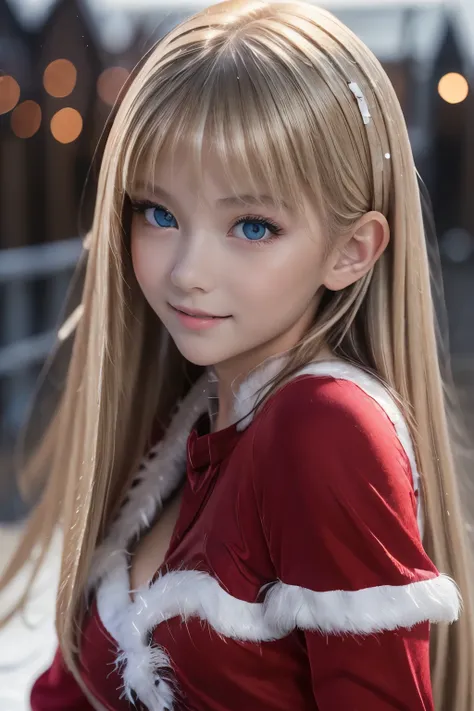 masterpiece, top quality , very detailed,photo realistic , realistic ,  Ultra High Resolution ,  Masterpiece, beautiful girl, teenager,Blonde, Straight Hair , perfect eyes, VERY CUTE ,slender, small breasts,Slim waist,smile,red Santa Claus costume,Outdoor,...