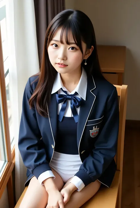 A photorealistic image of a young adult, 18 years old, in a long-sleeved school uniform, sitting on a chair, legs gently open, gazing out a window, warm lighting, high quality, natural details, relaxed pose, thoughtful expression, from a side angle, gentle...