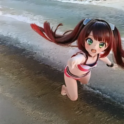 Urin-chan,    Secure Girl    ,    green eyes, Alone,   ((( Red Hair ))),     bikini, ,     long hair,       twin tails, a bit, ,      Dynamic Pose   ,     sweated ,,(((  running on the beach)))