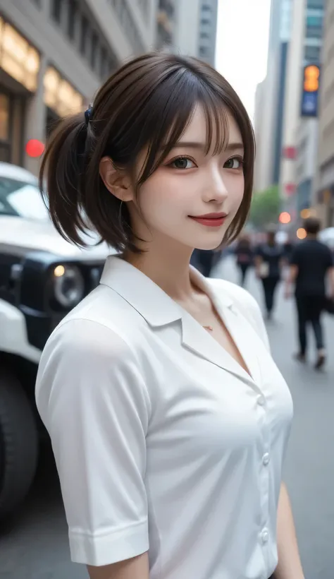  ( RAW photos :1.2),( realistic :1.4),(masterpiece:1.3),( top quality :1.4), high res,( Perfect Anatomy:1.2), beautiful women, black hair, Twin Tail Hairstyles ,Bang bang, green eyes, red glasses, formal attire ,uniform, white coat, rich breasts, D Cup, wi...