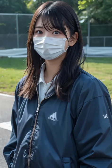 (8k, RAW Photos,highest quality, High resolution:1.1), (ultra-realistic:1.4),(Realistic, Realistic:1.3),The Beauty of Japan、Thick black hair、 hairstyle shortcut、 ear piercing、、Upper Body、Fencing team - white fencing jackets 、 white mask to the mouth

