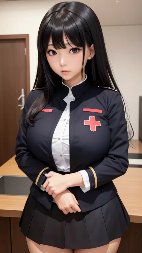 woman、Big Breasts、black髪、Heavy bangs、blackい瞳、 miniskirt、Navy Uniform、white、black、red、Cross your arms with your hands in front of you、