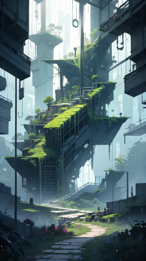  cyberpunk, Broken,  there are lots of pictures of old houses、There is a deep virgin forest,  cyberpunk, Broken,  there are a lot of stones , Lush forest background, Thick wood background, Big Meadow, Arena Background, Game Background, Exaggerated forest b...