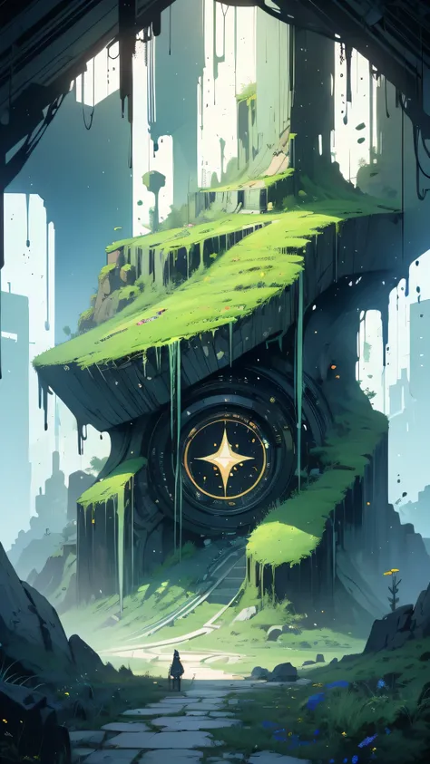  cyberpunk, Broken,  there are lots of pictures of old houses、There is a deep virgin forest,  cyberpunk, Broken,  there are a lot of stones , Lush forest background, Thick wood background, Big Meadow, Arena Background, Game Background, Exaggerated forest b...