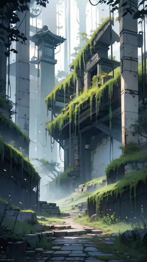  cyberpunk, Broken,  there are lots of pictures of old houses、There is a deep virgin forest,  cyberpunk, Broken,  there are a lot of stones , Lush forest background, Thick wood background, Big Meadow, Arena Background, Game Background, Exaggerated forest b...