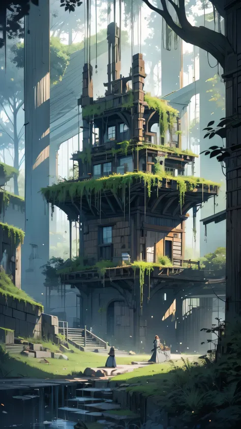  cyberpunk, Broken,  there are lots of pictures of old houses、There is a deep virgin forest,  cyberpunk, Broken,  there are a lot of stones , Lush forest background, Thick wood background, Big Meadow, Arena Background, Game Background, Exaggerated forest b...