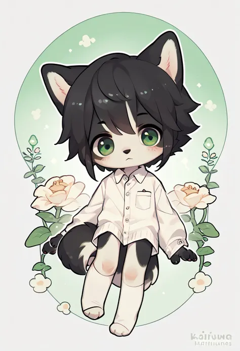 Solo, Husky Boy，furry boy，Characteristics of young ren， black hair ，white and black skin，no shoes, paws, green eye, half body, chibi, no clothes,  black ears, black things, white leg