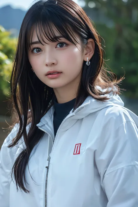 (8k, RAW Photos,highest quality, High resolution:1.1), (ultra-realistic:1.4),(Realistic, Realistic:1.3),The Beauty of Japan、Thick black hair、 hairstyle shortcut、濃いアイライン、 ear piercing、、Upper Body、Fencing team - white fencing jackets 、 white mask to the mout...