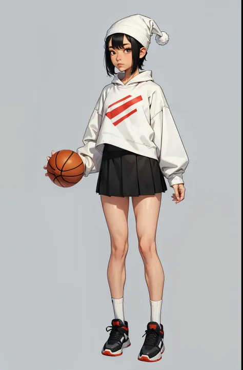 Asian, thin, short stature, light skin, makeup, black hair, off white oversized sweatshirt,Christmas hat, short skirt, long socks, basketball shoes, gift, no shading, lineart, simple light, full body, 
