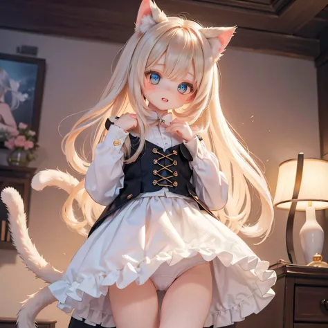  Ragdoll cat ears and tail      , chubby and  cute,      cute girl showing off her underwear by holding up her skirt ,      photorealistic , 4K,    Crimsons hair is very slender  , masterpiece,  cute,   adorable,        beautiful eyes  ,      beautiful lip...