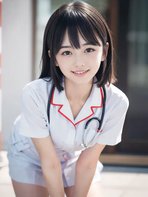 (Close-up face shot of one slender small breasts two side up black medium hair with bangs girl in a white nurse uniform :1.5)、(One girl is preparing the intravenous drip in the hospital room in Japan with happy smile:1.5)、(blurred background:1.5)、(Natural ...