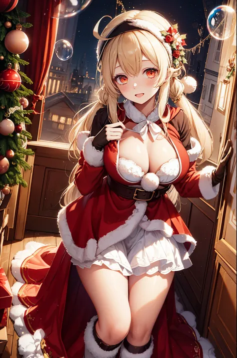 Teenage Girl， charming，gorgeous，In Love ，sacred，( Christmas padded jacket，Warm clothing，Little bubble skirt )，blond，klee， red eyes，  Minimalism  ， Multi-layer exquisite ruffles ，Lots of Lace，( Lines on clothes :1.2)，( Exquisite clothing :1.1)，(Multi-layer ...