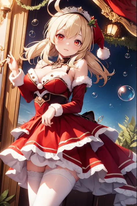 Teenage Girl， charming，gorgeous，In Love ，sacred，( Christmas padded jacket，Warm clothing，Little bubble skirt )，blond，klee， red eyes，  Minimalism  ， Multi-layer exquisite ruffles ，Lots of Lace，( Lines on clothes :1.2)，( Exquisite clothing :1.1)，(Multi-layer ...