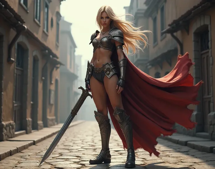 a naked woman with a sword standing on a street posing for a picture, 1girl, solo, nipples, breasts, weapon, armor, sword, cape, blonde hair