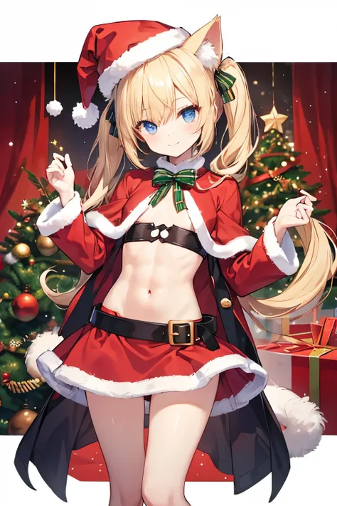   blondes、   blue eyes、  cat ears、  girl  、         small breasts、     twin tails、   girl  、    small breasts、   bright smile、Good physique 、  flat chest 、    girl  、   hes short、   Christmas Outfits、 Santa hat 、   Christmas Tree 、  cats tail  、Thighs、 eye...