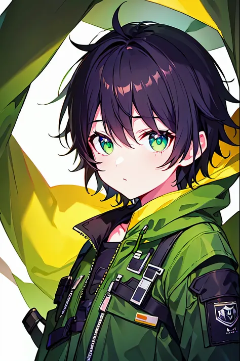 [(WHITE BACKGROUND:1.5),::5], (((masterpiece))), high quality, ultra_very_high_resolution, large_filesize, ((upper body)), (green base), full color, (solo), ((little younger boy)), ((mens black short hair)), green eyes, anime, neon light, black parka,