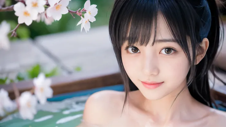 (High angle shot of a naked slender small breasts two side up black medium hair with bangs girl:1.5)、(Naked girl is soaking in a milky color Japanese onsen outdoors with small smile:1.5)、(Outdoor Japanese onsen with milky white color and it has full bloom ...