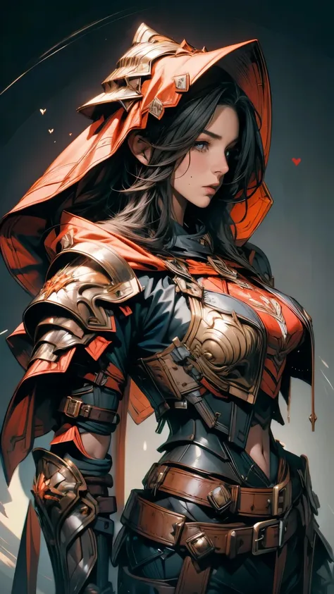 Mature woman, fantasy metal armor, hooded, mole, 