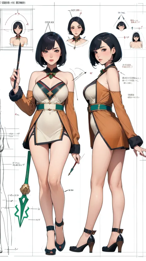 (  character design sheet wearing revealing clothes and a wand:1.4), (Technical Diagram :1.4), (masterpiece), ( top quality ),  One girl , ( perfect face:1.2), ( beautiful faces:1.2),  black hair,  short bob hair,  mini skirt Santa costume、 high res,  comp...